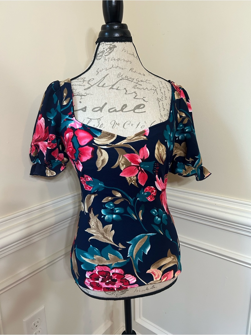 Square-Neck Floral Puff Sleeve Top - Navy with Pink & Teal Flowers